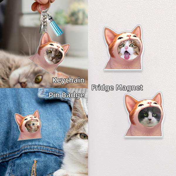 Personalized Cat Meme Acrylic Keychain, Pet Avatar Meme Fridge Magnet, Purr-fectly Fun Cat Meme Pin Badge, Gift for Pet Lover/Pet Parent/Meme Lover