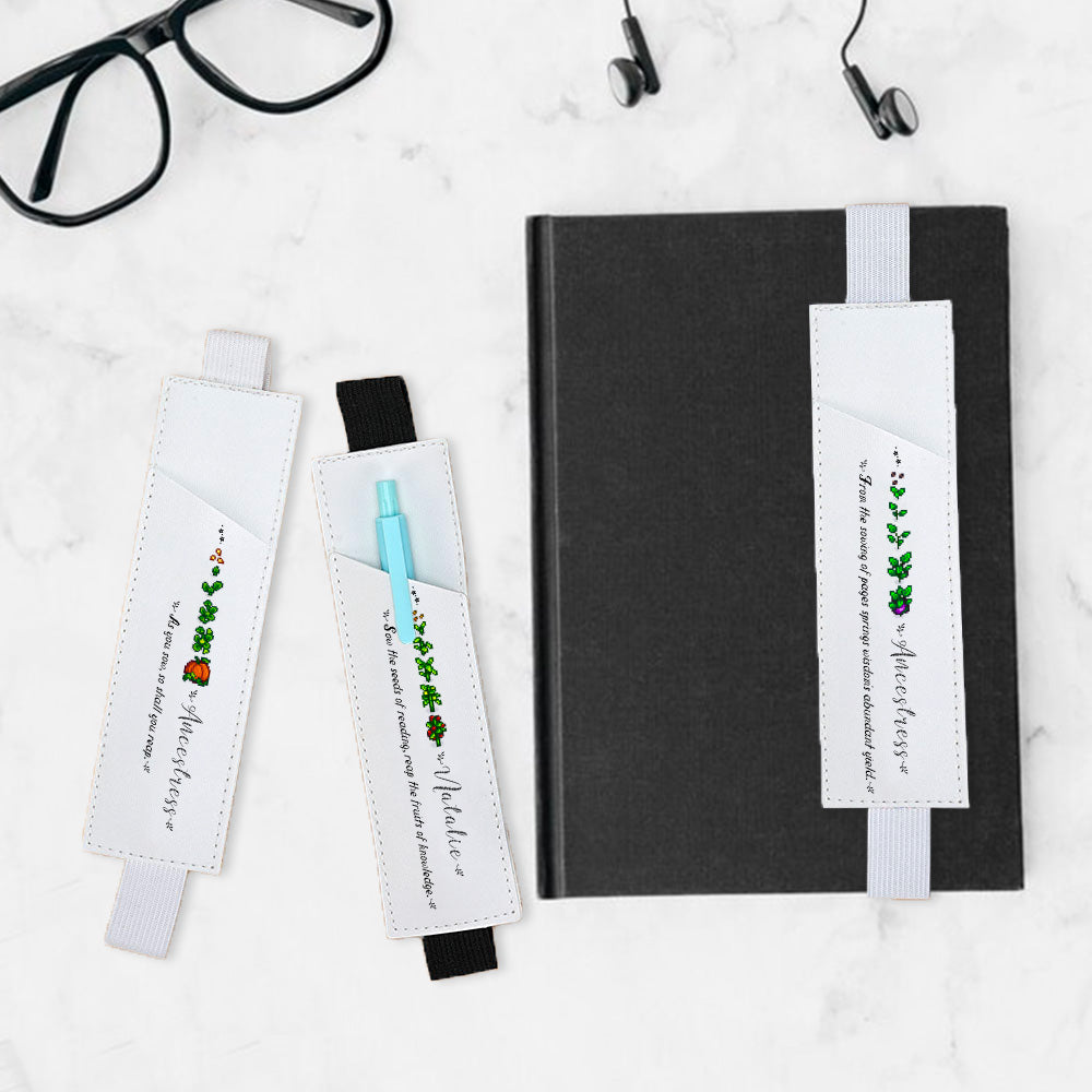 Personalized Pixel Style Leather Bookmark Band, Crop Growth Pencil Pocket Bookmark, Customized Name and Motto Leather Bookmark, Reading Accessory, Gift for Bookworms