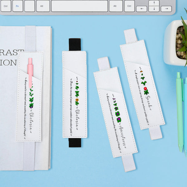 Personalized Pixel Style Leather Bookmark Band, Crop Growth Pencil Pocket Bookmark, Customized Name and Motto Leather Bookmark, Reading Accessory, Gift for Bookworms