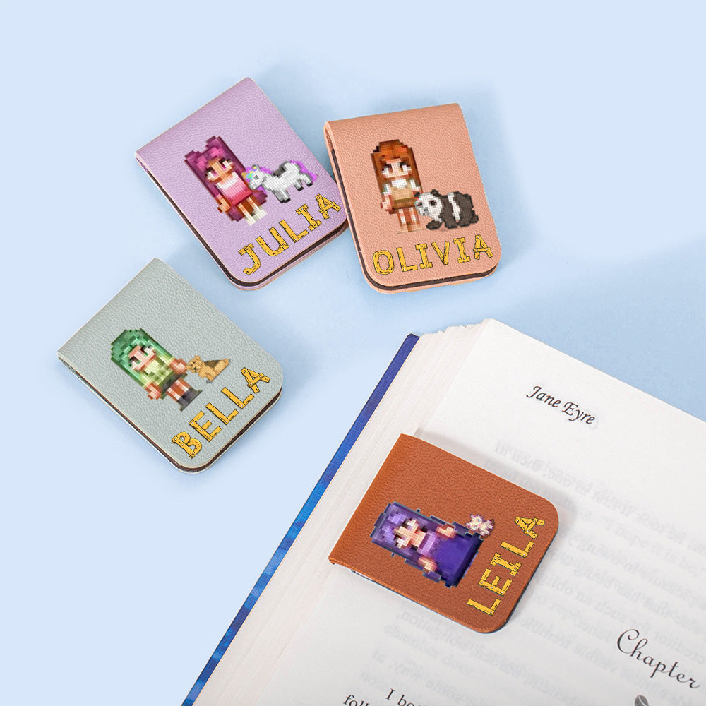 Personalized Pixel Style Leather Magnetic Bookmark, Custom Character and Name Magnetic Bookmark, Book Accessory, Gift for Teachers/Students/Readers/Book Lovers