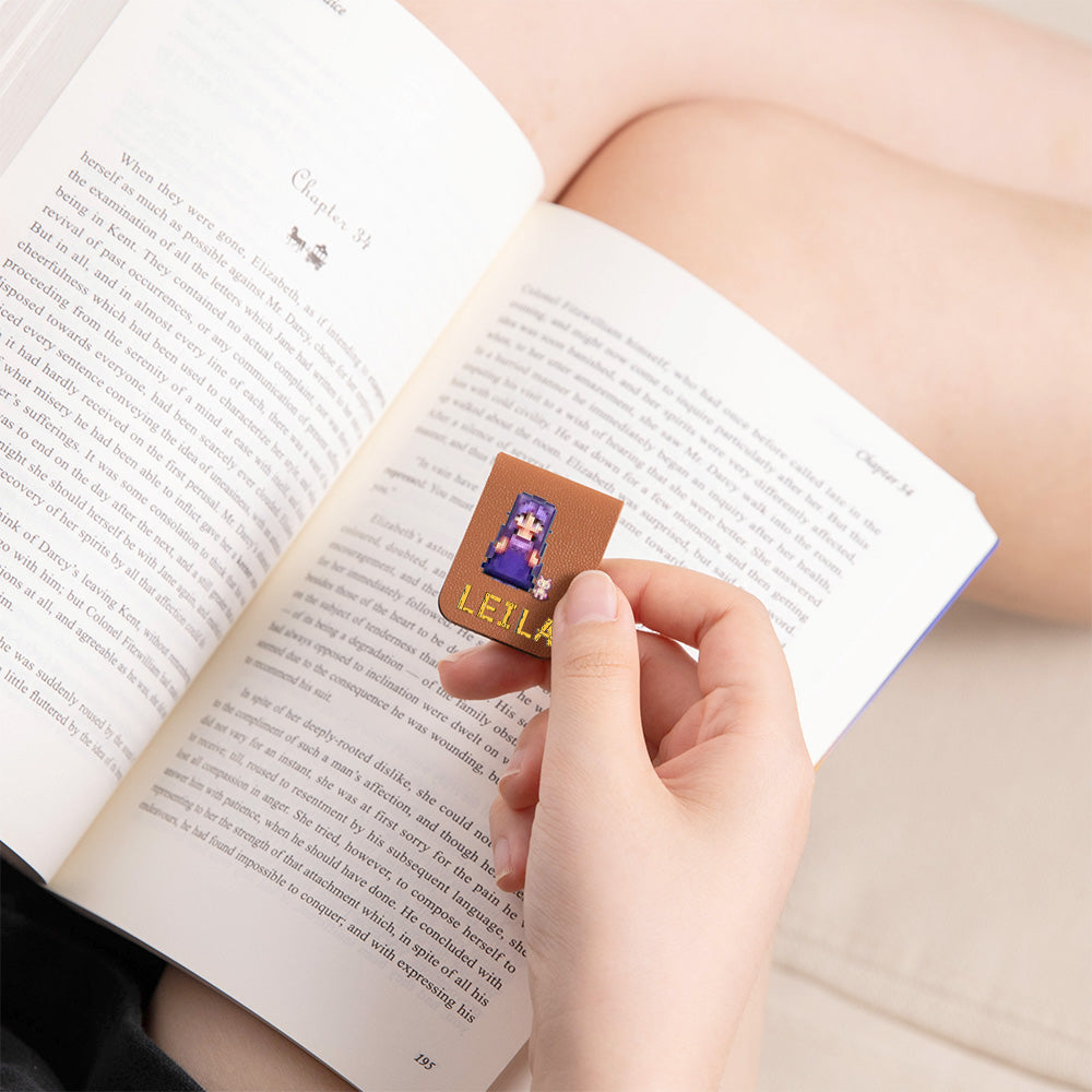 Personalized Pixel Style Leather Magnetic Bookmark, Custom Character and Name Magnetic Bookmark, Book Accessory, Gift for Teachers/Students/Readers/Book Lovers