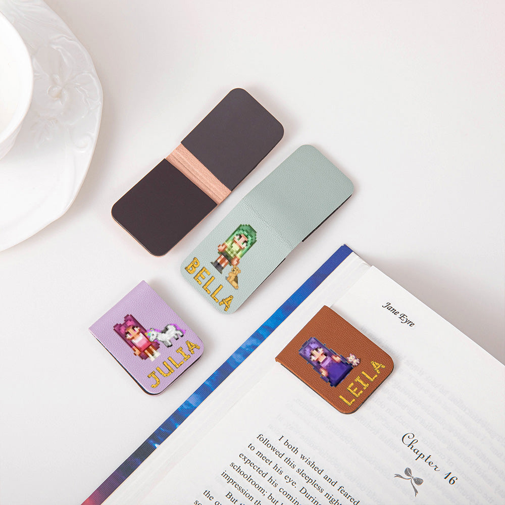 Personalized Pixel Style Leather Magnetic Bookmark, Custom Character and Name Magnetic Bookmark, Book Accessory, Gift for Teachers/Students/Readers/Book Lovers