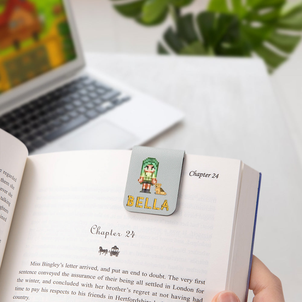 Personalized Pixel Style Leather Magnetic Bookmark, Custom Character and Name Magnetic Bookmark, Book Accessory, Gift for Teachers/Students/Readers/Book Lovers