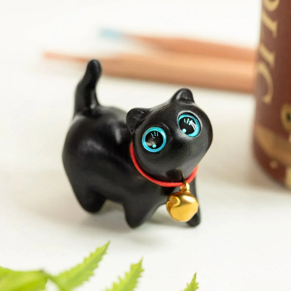 Custom Small Cute Black Cat Wooden Sculptures Handmade Craft, Mini Collectible Figurines, Cat Lover Gift, Cat Statue, Office Desk/Shelf/Table/Home Decor