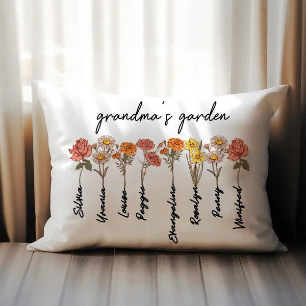 Custom Grandma's Garden Pillow Cover with Grandkids Names, Personalized Birthflower Pillowcase, World's Best Grandma Gifts,  Family Name Pillowcase