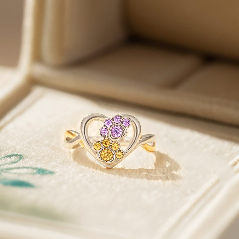 Custom 2 Paw Birthstone Pet Ring, Sterling Silver 925 Paw Print Pet Memorial Jewelry, Furry Mom Ring, Dog Mom Ring, Gift for Pet Lover/Owner