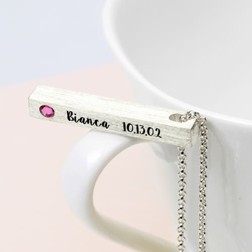Engraved Brushed Finish 4-Side Bar With Birthstones Sterling Silver Necklace