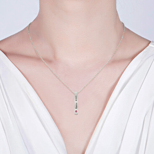 Engraved Brushed Finish 4-Side Bar With Birthstones Sterling Silver Necklace