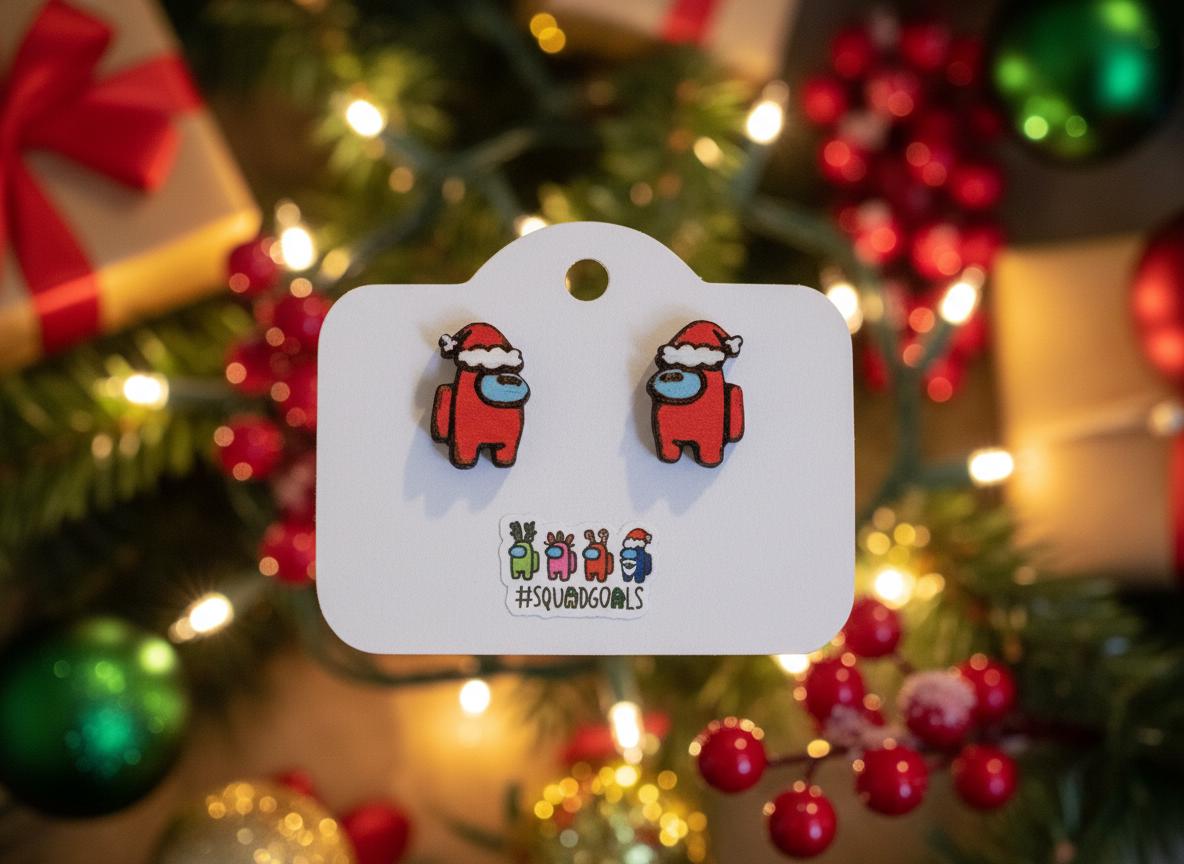 Among Us Earrings, Among Us Studs, Among Us Santa Eco Friendly Earrings, Hand Painted Earrings, Among Us Gift, Among Us Birthday, Christmas