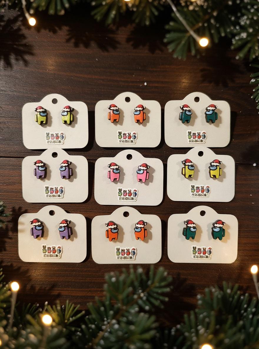 Among Us Earrings, Among Us Studs, Among Us Santa Eco Friendly Earrings, Hand Painted Earrings, Among Us Gift, Among Us Birthday, Christmas