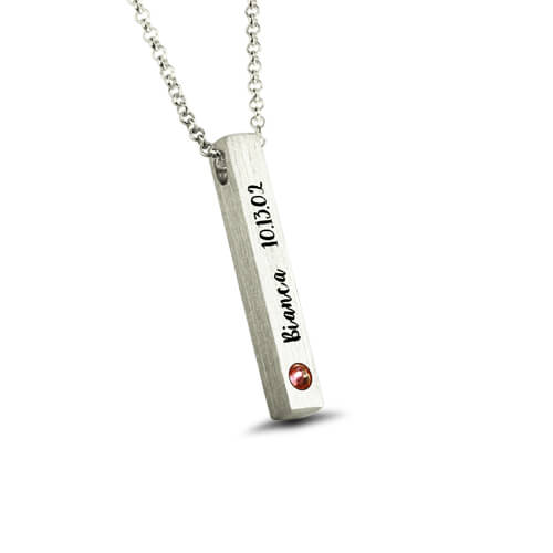 Engraved Brushed Finish 4-Side Bar With Birthstones Sterling Silver Necklace