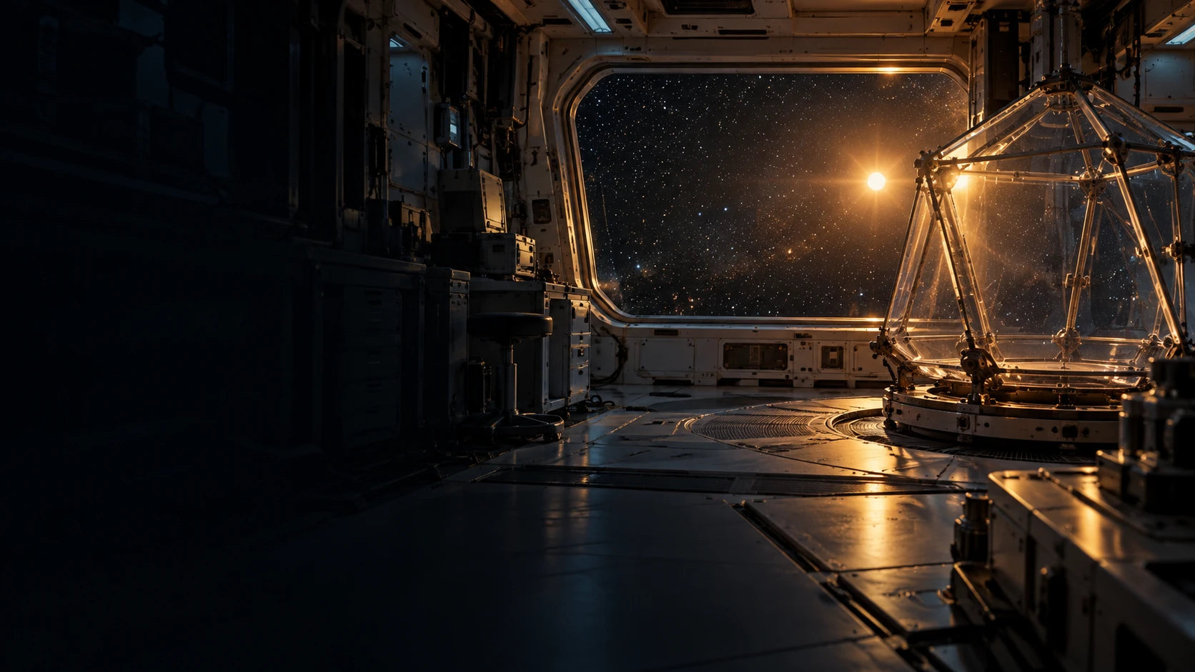Warm starlight reaches across a faceted communication enclosure inside a deep-space vessel